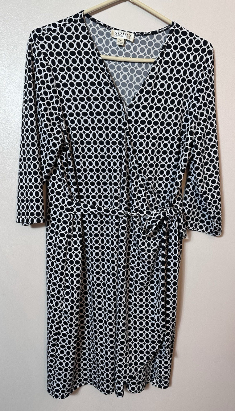 Soho Apparel Dress Womens PXL‎ Black White Circle Geo Print Wrap Tie Waist Knee